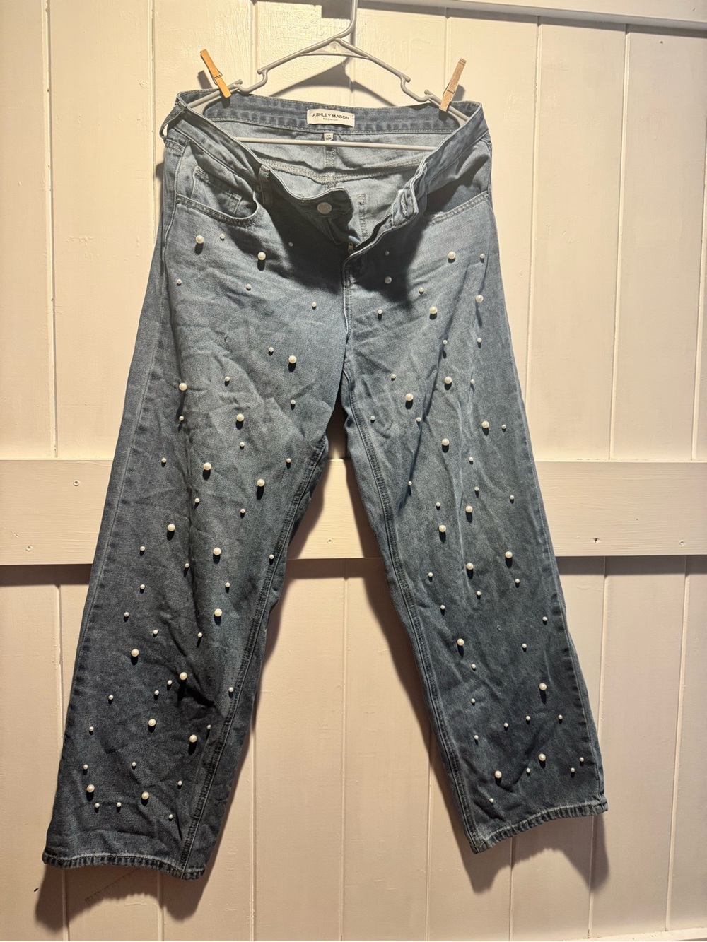 Ashley Mason Blue Denim Straight-Leg Jeans with Pearl Studs